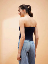 Women Navy Blue Rib Tube Top